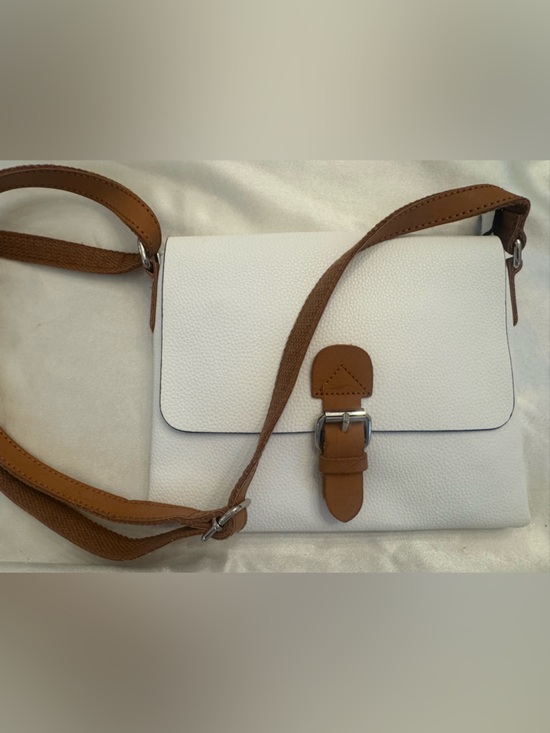 From Italy Handbags - White Crossbody Bag with Tan Strap and Buckle